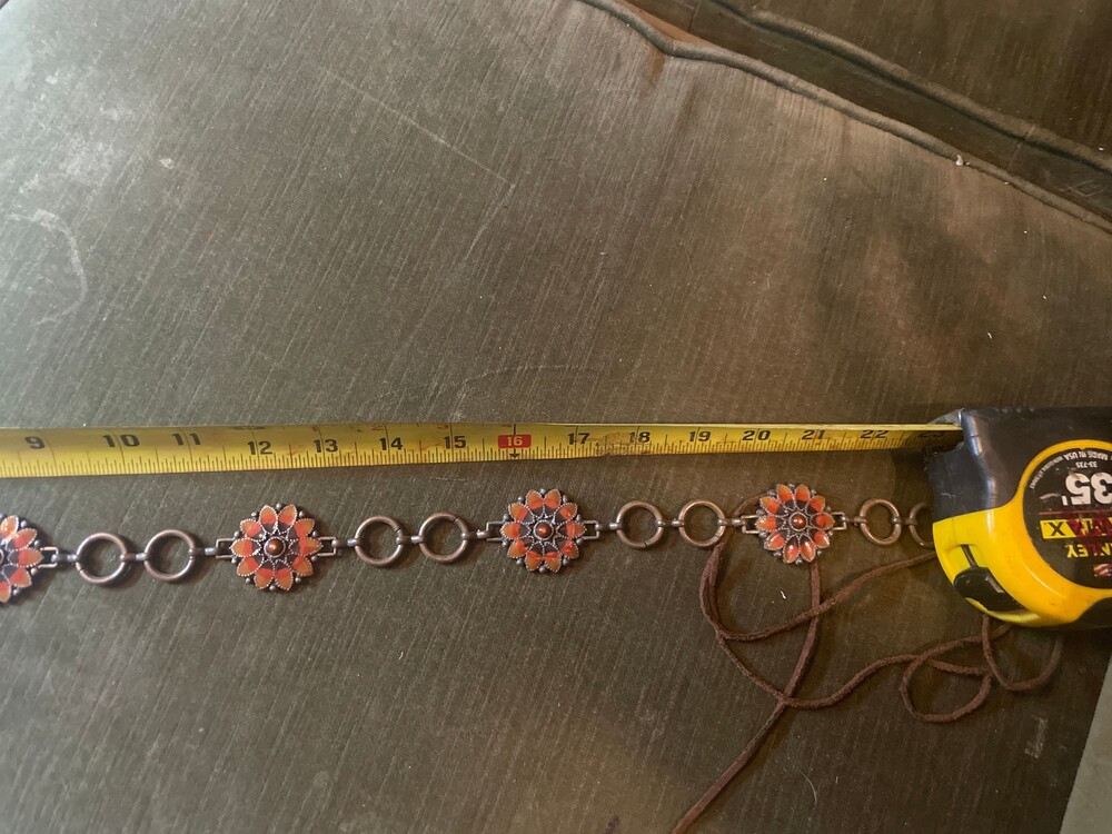 Vintage boho hippie  Silver Tone Belt Red Coral Floral Medallion 22 Inch Length